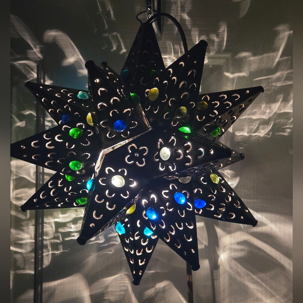 18-Point Star Light Handmade Mexican Hanging Aged Tin Star Cut with Marbles